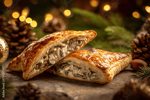 Golden mushroom puff pastry served in elegant modern French mountain chalet