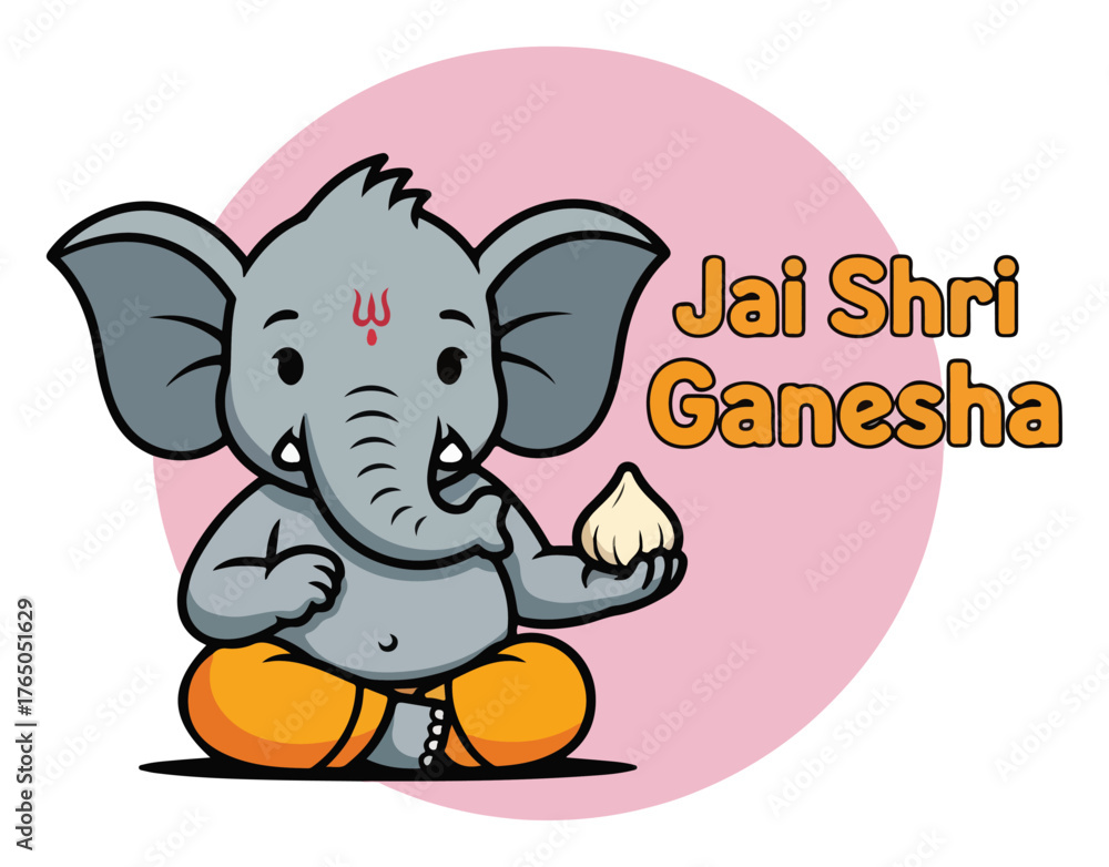 Obraz premium Baby Lord Ganesha Quote – Cute Grey Elephant God “Jai Shri Ganesha” Cartoon Vector Illustration