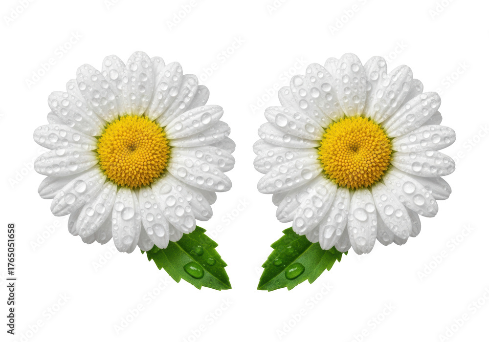 Obraz premium Two transparent daisies, vibrant yellow centers, crisp green leaves, and glistening water droplets, isolated on a solid transparent background. Concept of purity and freshness