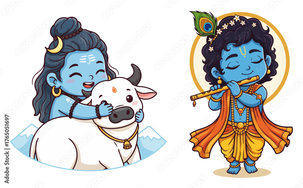 Fototapeta premium Baby Shiva with Nandi and Baby Krishna Set – Cute Hindu Gods Cartoon Characters Vector Illustration
