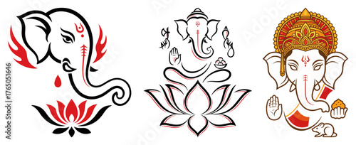 Lord Ganesha Outline Icons Set – Stylized Elephant Heads with Lotus Flower and Sanskrit Motifs Vector Illustration