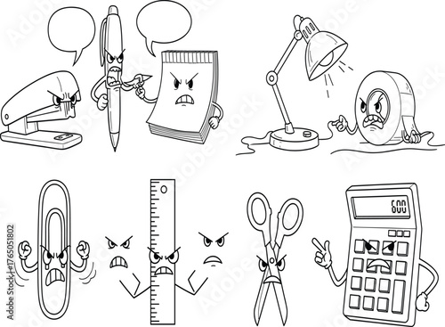 Funny Angry Office and School Supplies Vector Set, Cartoon Stationery Characters Illustration, Workplace Stress and Humor Graphics.