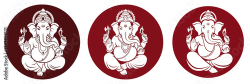 Lord Ganesha Circle Logo Set – White Elephant God Sitting Silhouette in Red Round Badge Vector Illustration