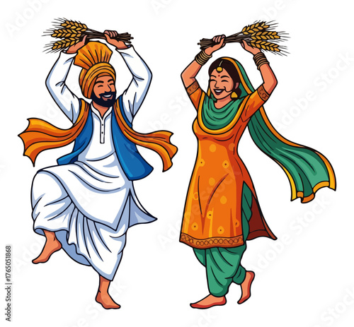 Punjabi Bhangra Couple Dancing – Traditional Man and Woman Harvest Festival Celebration Cartoon Vector Illustration