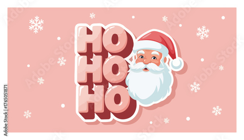 Ho Ho Ho Santa Claus Card – Retro Pink Christmas Greeting with Snowflakes Vector Illustration