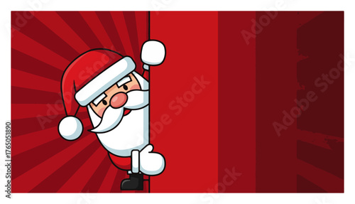 Santa Peeking Behind Curtain – Funny Christmas Character Looking Out Red Stage Background Cartoon Vector Illustration