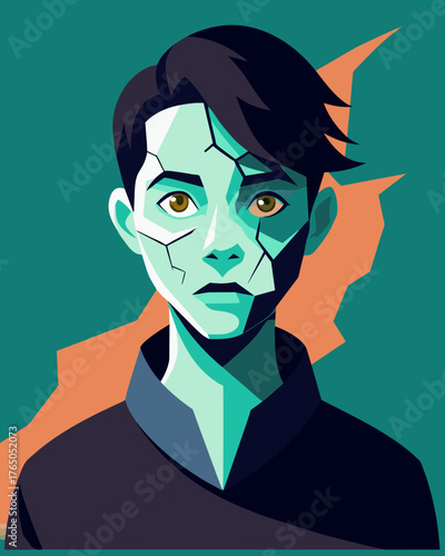 A digital art piece showing a person with a cracked face symbolizing the devaluation of their mental health.. Vector illustration
