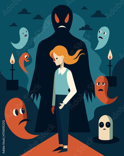 A haunting presence that causes you to secondguess yourself and your decisions leading you to constantly seek validation from others.. Vector illustration