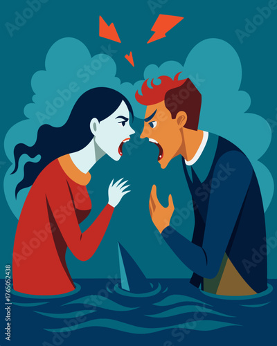 A couple struggling to stay afloat in a raging river of hurtful words their relationship crumbling under the weight of constant verbal abuse.. Vector illustration