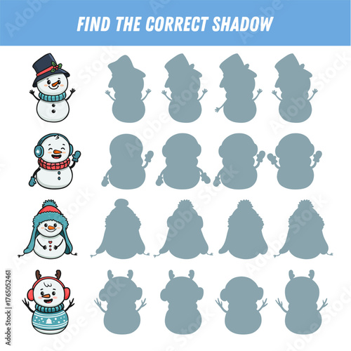 Find correct shadow of cartoon snowman. Educational logical game for kids. Christmas game. Vector illustration
