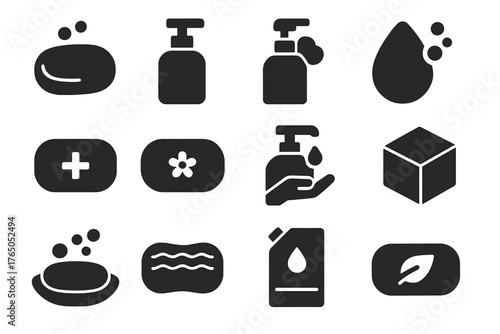 Soap Icons Collection. Solid style icons of Soap types: bar soap, liquid soap bottle, foaming soap, glycerin soap, antibacterial
