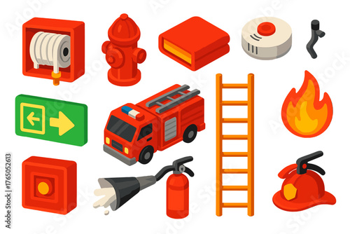 Fire Safety Icons. Isometric vector illustration set Fire Emergencies: fire hose reel, fire hydrant, fire blanket, smoke detector,