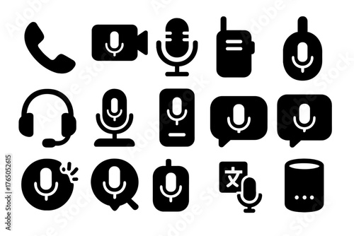 Communication Icons Collection. Solid style icons of communication: phone mic, video call mic, intercom mic, walkie talkie,