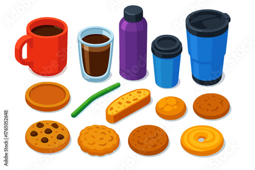 Coffee Essentials & Treats. Isometric vector illustration set Coffee Equipment and Breakfast Treats: ceramic mug, double wall