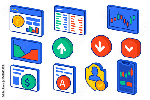 Crypto Exchange Icons. Isometric vector illustration set Crypto Exchanges: exchange homepage, order book screen, candlestick chart