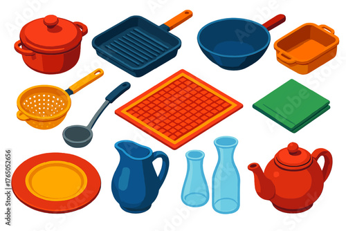 Vibrant Kitchen Icons. Isometric vector illustration set Kitchen and Dining Elements: casserole dish, grill pan, wok, roasting pan