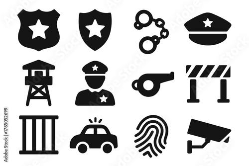 Law Enforcement Icons. Solid style icons of law enforcement: police badge, shield with star, handcuffs, police hat, guard tower,