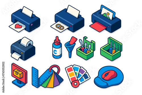 Printing Technology Icons. Isometric vector illustration set 2D printing, design, and technology: greeting card printer, wedding