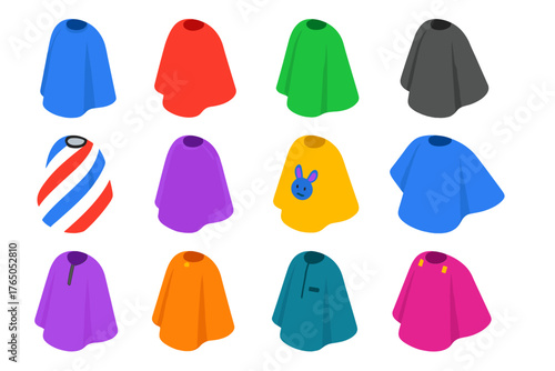 Hairdressing Tools Icons. Isometric vector illustration set Hairdressing and Grooming Tools: styling cape, cutting cape,