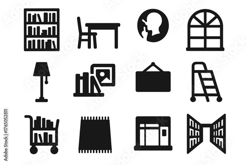 Library Icons Collection. Solid style icons of Library environment: tall bookshelves, reading table, study area, floor lamp, quiet