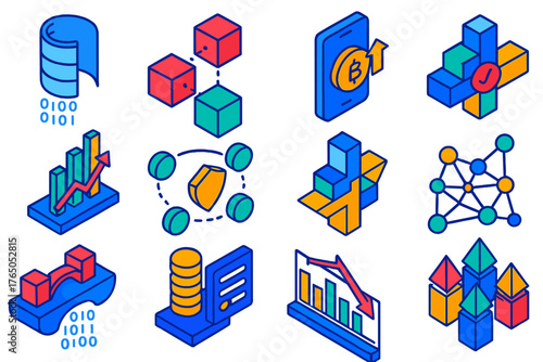 Layer 2 Scaling Solutions. Isometric vector illustration set Layer 2 and Scaling Solutions: rollup diagram, sidechain icon,