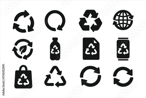Recycling Arrows Icons. Solid style icons of Recycling arrows: clockwise arrows, circular loop, triangular arrows, three arrows