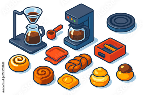 Coffee Equipment & Treats. Isometric vector illustration set Coffee Equipment and Breakfast Treats: drip stand, brew station,