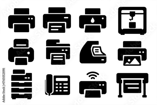 Printer Icons Collection. Solid style icons of printer devices: desktop printer, laser printer, inkjet printer, 3D printer,