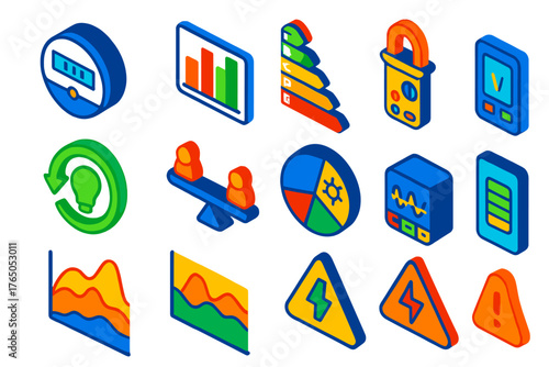 Energy Monitoring Icons. Isometric vector illustration set Energy Monitoring Symbols: smart meter, power usage graph, energy