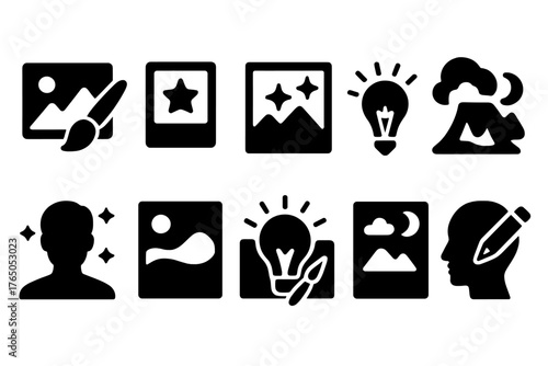 Visual Creativity Icons. Solid style icons of Visual creativity: image with brush, photo with star, picture spark, creative