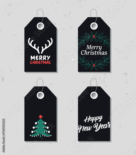 Collection of four vintage Christmas and New Year gift tags. Set of festive gift tag, sticker, label. Template for banner, invitation, postcard, card, wrapping, packaging. Vector illustration.