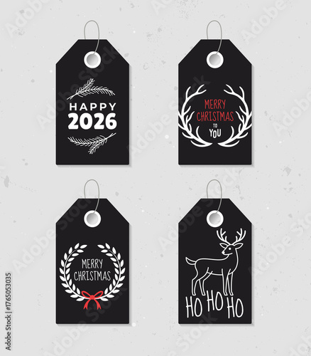 Collection of four vintage Christmas and New Year gift tags. Set of festive gift tag, sticker, label. Template for banner, invitation, postcard, card, wrapping, packaging. Vector illustration.