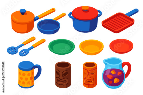 Bright Kitchenware Icons. Isometric vector illustration set Kitchen and Dining Elements: saucepan with lid, sauté pan, casserole