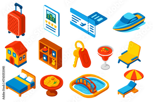 Travel Icons Collection. Isometric vector illustration set Travel and Hospitality: spinner suitcase, hotel booking print, boarding