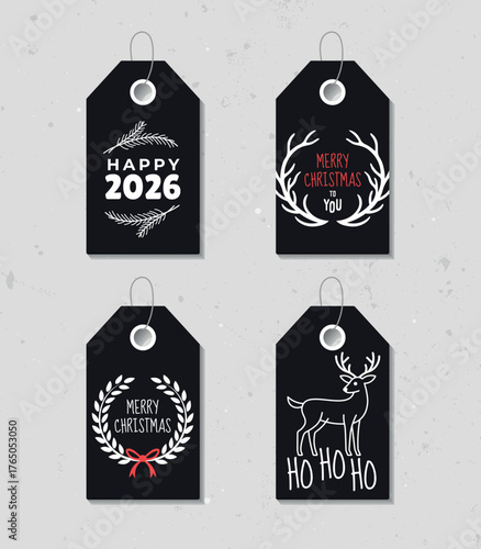 Collection of four vintage Christmas and New Year gift tags. Set of festive gift tag, sticker, label. Template for banner, invitation, postcard, card, wrapping, packaging. Vector illustration.