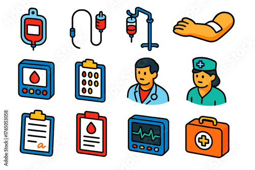 Blood Transfusion Icons. Isometric vector illustration set Blood Transfusion Icons: transfusion bag, IV line, drip stand, patient