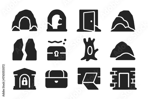 Hidden Locations Icons. Solid style icons of Hidden locations: cave entrance, hidden alcove, secret door, buried chest, rock