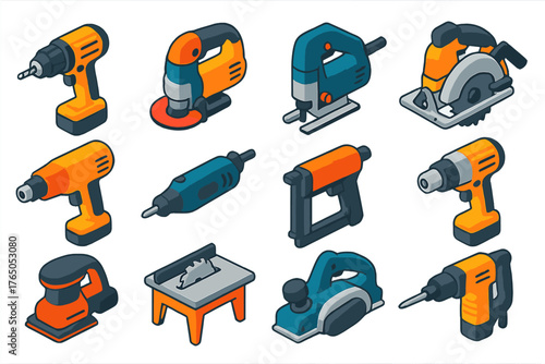 Colorful Power Tools Icons. Isometric vector illustration set Power Tools: cordless drill, angle grinder, jigsaw, circular saw,