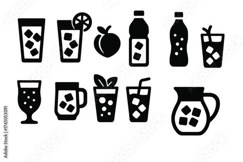 Cold Tea Icons. Solid style icons of Cold tea drinks: iced tea glass, lemon iced tea, peach iced tea, bottled iced tea, sparkling