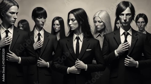 A striking assembly of individuals in tailored suits poses together, their expressions serious. They are arranged in a balanced composition, highlighting their attire and presence