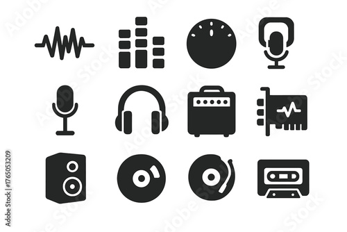 Audio Tools Icons. Solid style icons of audio-visual tools: sound wave, equalizer bars, volume knob, microphone stand, headset,