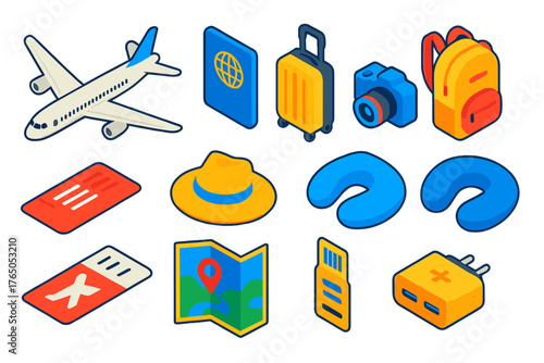 Air Travel Essentials. Isometric vector illustration set Air Travel Essentials: long-range airplane, national ID passport, spinner