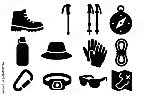 Hiking Gear Essentials. Solid style icons of Hiking equipment: hiking boots, walking stick, trekking poles, compass, water bottle,
