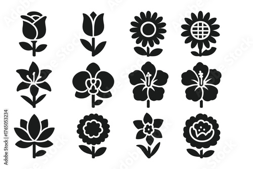 Solid Floral Icons. Solid style icons of Flowers: rose, tulip, daisy, sunflower, lily, orchid, hibiscus, cherry blossom, lotus,
