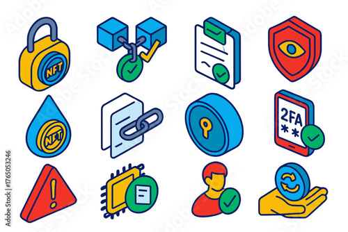 NFT Security Icons. Isometric vector illustration set NFT Security Features: padlock with NFT symbol, blockchain verification icon