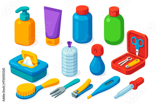 Colorful Baby Essentials Icons. Isometric vector illustration set Baby Essentials: baby lotion, diaper cream, baby powder, baby