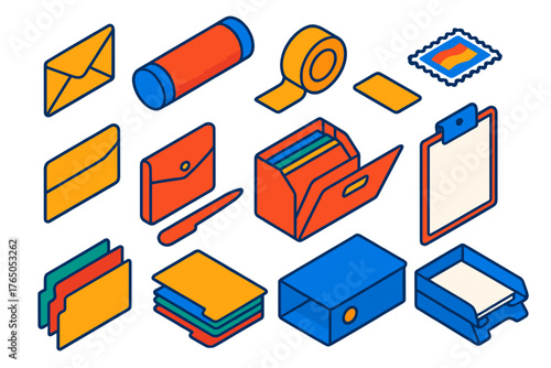 Vibrant Stationery Icons. Isometric vector illustration set Stationery: envelope, mailing tube, packing tape, address label,