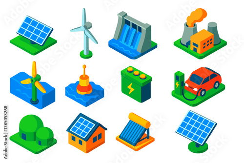 Renewable Energy Icons. Isometric vector illustration set Renewable Energy Sources: solar panels, wind turbine, hydroelectric dam,