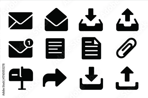 Solid Mail Icons. Solid style icons of Mail and inbox: envelope, open envelope, inbox tray, outbox tray, email notification, paper