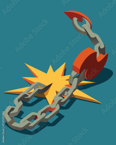A broken chain lying on the floor symbolizing the liberation and breaking free from mental limitations.. Vector illustration